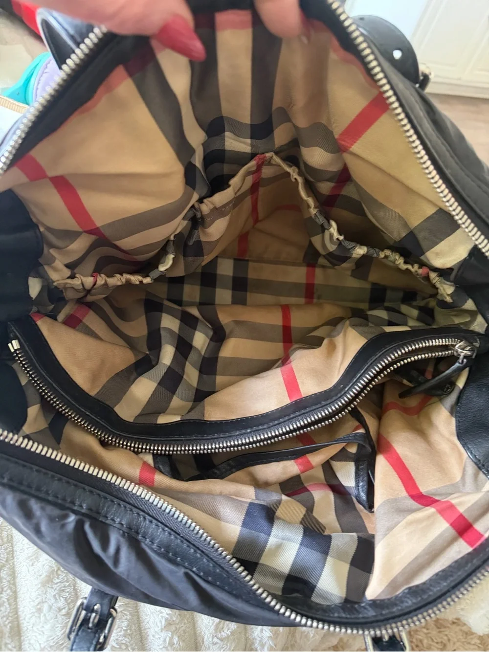 Burberry Black Quilted Nylon Tote with Leather Trim